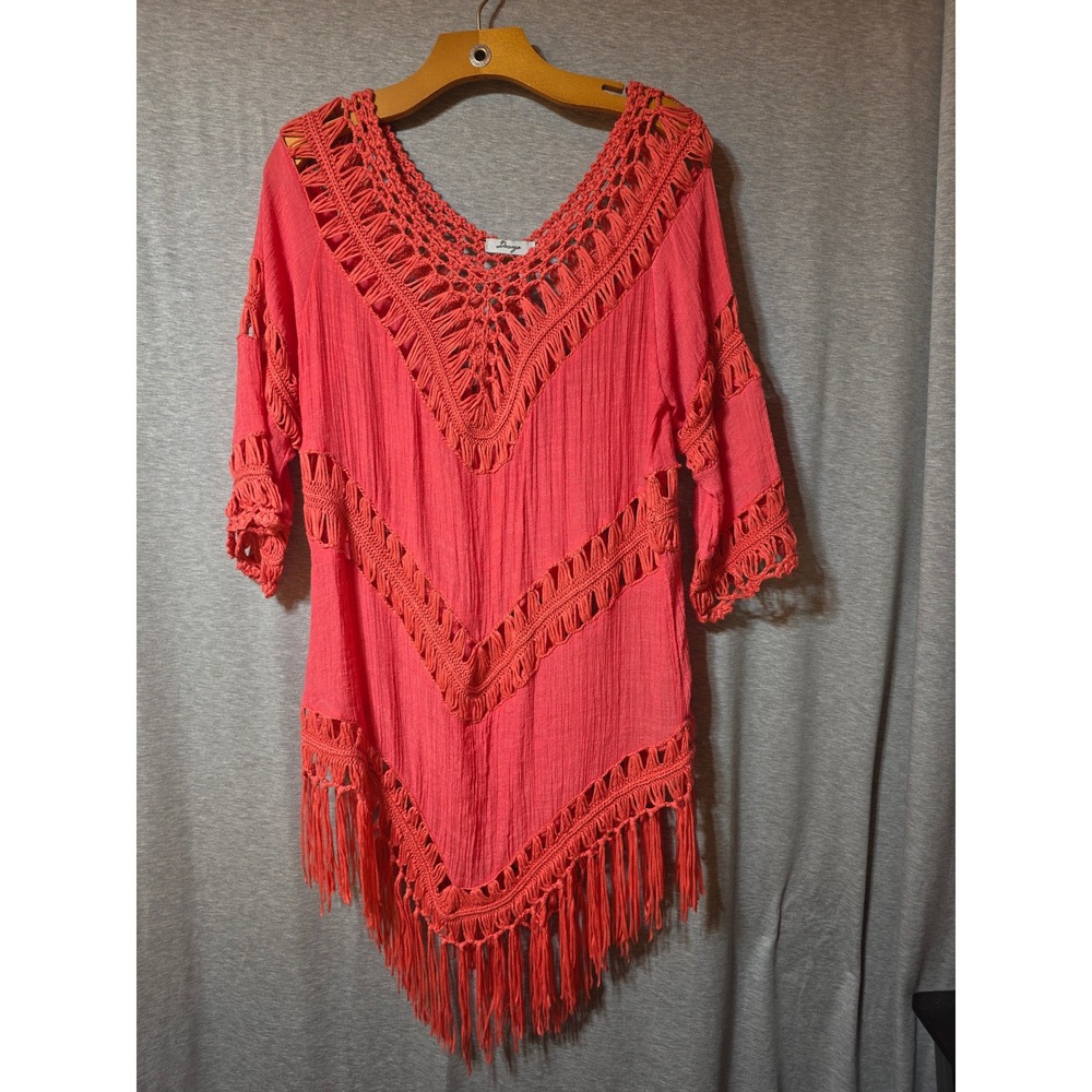 Dasayo Coral Pink Boho Crochet Fringe Tunic Top Handkerchief Hem One Size